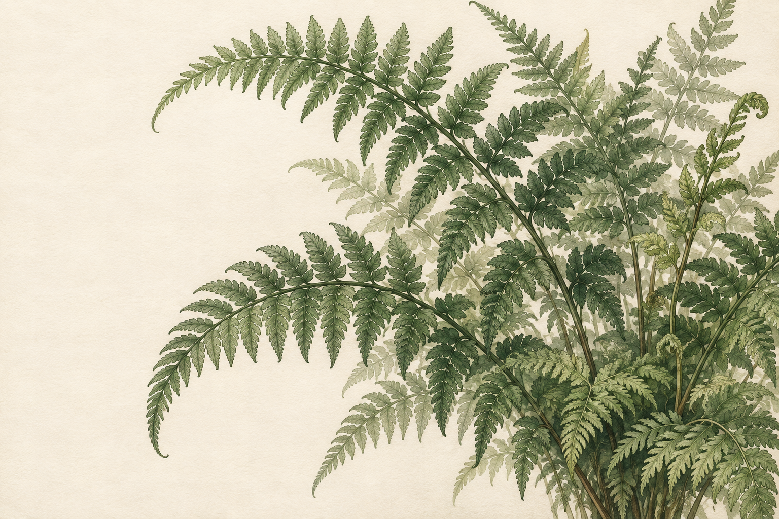 Decorative watercolor and etching of arching green fern fronds on ivory paper